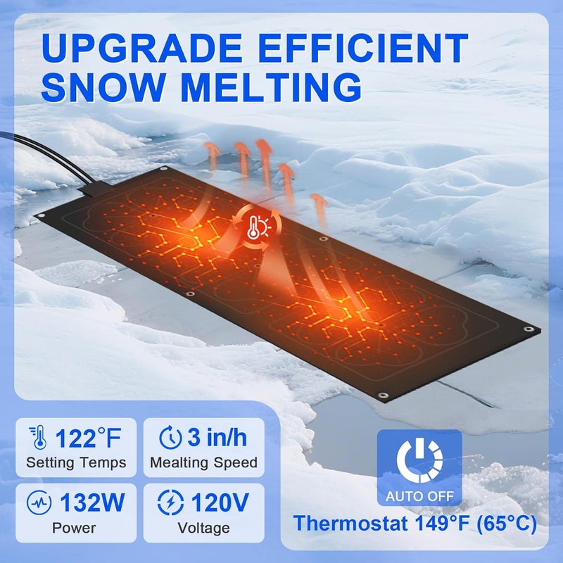 GEARBONE 10" x 30" Premium Heated Snow Melting Mat, TPO Material, -40°F Cold Resistance, 0.22" Thick Vehicle-Grade Ice Mat with Overload Protection & Thermostat, Non-Slip for Driveways, Walkways, Stairs - Image 5